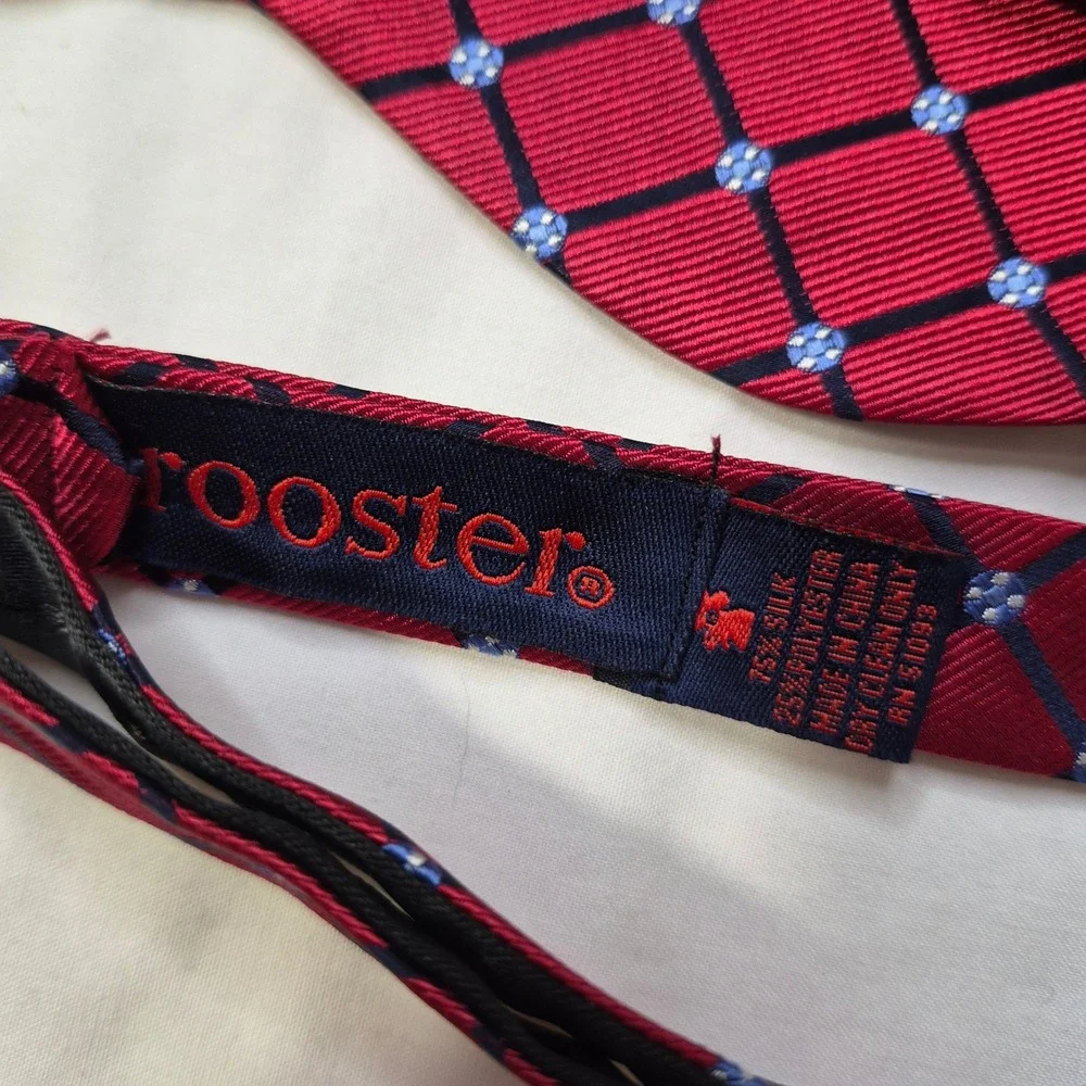 Rooster Bow Tie Mens Red Silk Blend Geometric Grid Self-Tie Formal Classic